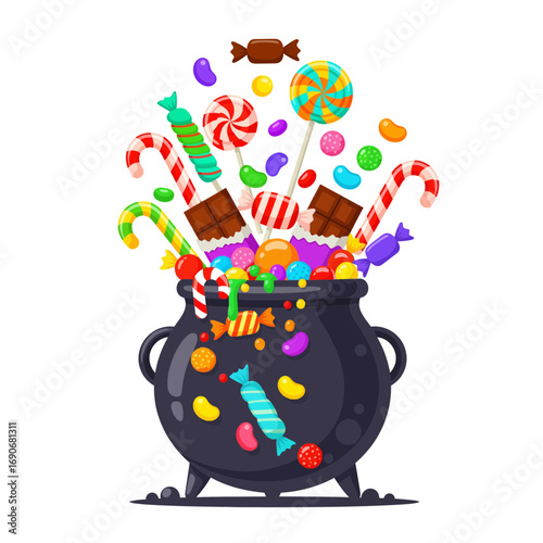 A festive black cauldron bursting with a delightful mix of assorted sweets, colorful lollipops, and sugary candy canes on a white background