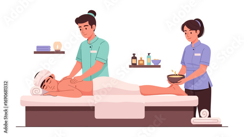Two professional masseuses giving a relaxing massage to a client lying on a massage table in a clean spa environment with shelves of products