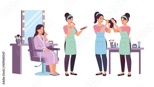 Young woman in a salon robe sits in a chair while makeup artists apply cosmetics and style her hair in a beauty studio setting