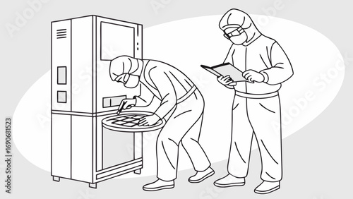 Two technicians in protective suits working with a laboratory machine.