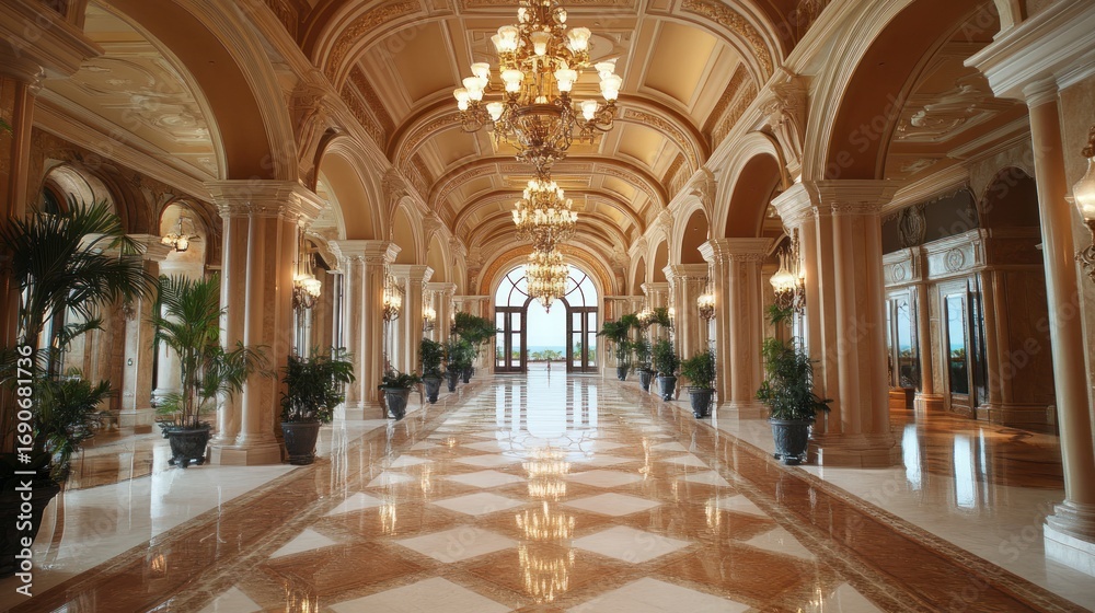Fototapeta premium Opulent Hallway of a Luxurious Estate with Intricate Details and Marble Floor design