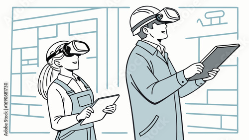 Virtual Reality Workers Using Tablets and VR Headset.