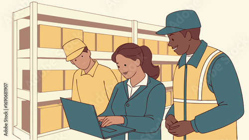 Warehouse Workers Using Laptop Inventory Management Teamwork Logistics.