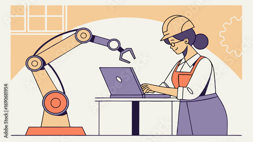 Woman engineer working with robotic arm and laptop industrial automation concept illustration.