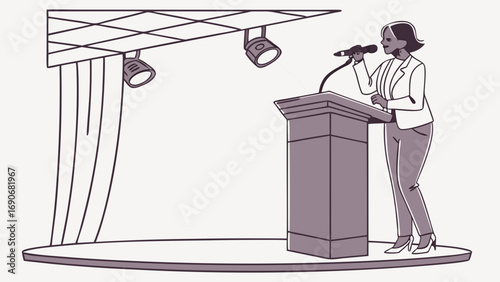 Woman giving a presentation at a podium with spotlights.