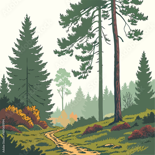 Autumn forest landscape with evergreen trees and mountains in the background