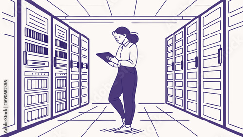 Woman using tablet in server room data center illustration technology concept digital infrastructure network security IT support cloud computing modern technology data storage server maintenance comp.