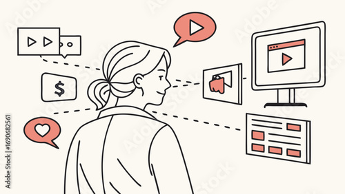 Woman watching video content on computer screen social media engagement online marketing concept illustration.