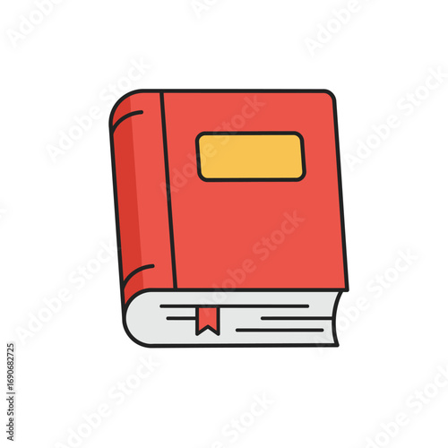 Red book with a bookmark rests on a white surface, symbolizing knowledge and learning in a simple and clean style.