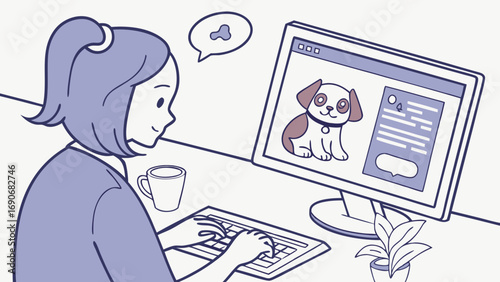 Woman working on computer looking at a puppy image online pet adoption pet website illustration.