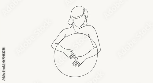 A minimalist one-line drawing of a woman gently embracing a circle, symbolizing self-love, wholeness, and femininity.