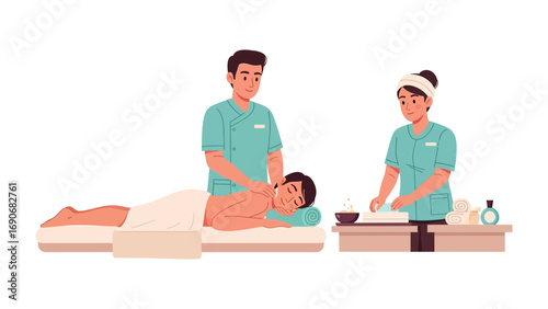 Two professional massage therapists in uniform performing a relaxing back massage on a client lying on a massage table in a spa setting