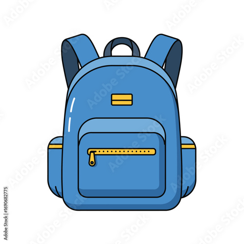 Blue backpack stands upright against a white wall, ready for school or travel adventure, conveying a sense of preparedness and anticipation.