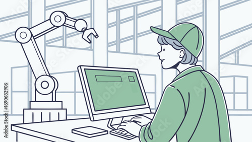 Worker operating robotic arm via computer.