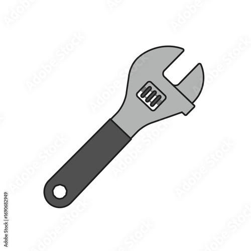 Adjustable wrench lying diagonally on white surface, representing a common tool used for tightening and loosening bolts and nuts in various mechanical tasks.