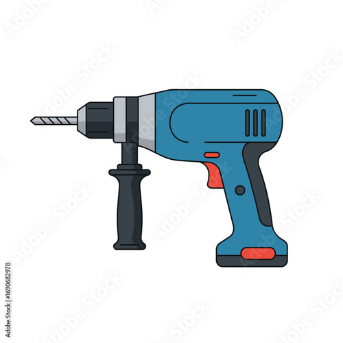 Blue cordless drill with black handle sits isolated on white surface, ready for home improvement projects and construction tasks.
