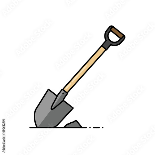 Shovel digging into the ground with a small pile of dirt, representing gardening or construction work, simple and clean style.