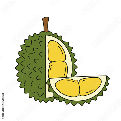 Durian fruit cut open revealing yellow flesh, presented on a white surface, showcasing its unique texture and vibrant color in a simple, clean style.