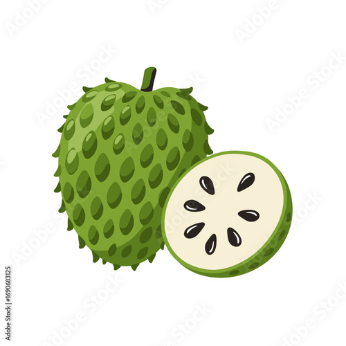 Green soursop fruit and cross section showing seeds, isolated on white, representing healthy eating and tropical flavors.