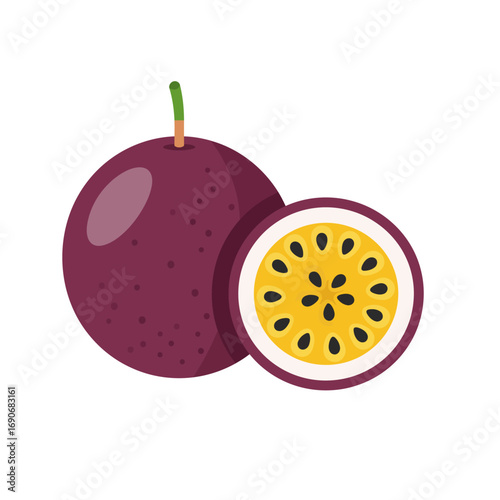 Passion fruit and a half sit on a white surface, showcasing their vibrant purple rind and juicy yellow pulp with black seeds, creating a fresh and tropical vibe.