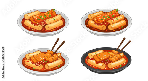 Four bowls of Korean food tteokbokki featuring various angles and serving styles.