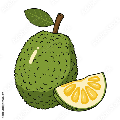 Fresh jackfruit with a slice displayed, showcasing its vibrant yellow pulp and textured green skin, evoking a tropical and healthy vibe.