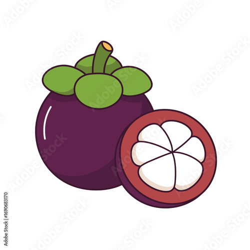 Fresh mangosteen fruit cut in half displaying white pulp on white surface, simple and clean depiction of tropical produce.