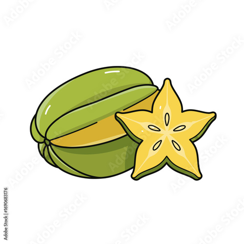 Fresh star fruit sitting on a white surface, one sliced open to reveal its star shape, showcasing tropical sweetness.