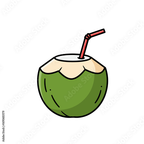 Fresh green coconut with straw sits ready to drink on white surface, offering a refreshing and tropical vibe.