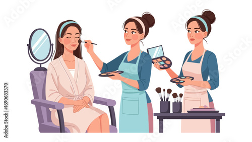 Three diverse women applying makeup in a beauty salon setting with a client in a chair and professional makeup artist tools displayed on a table