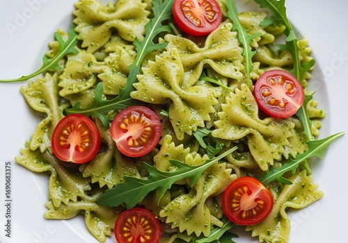 Farfalle pasta with pesto sauce, cherry tomatoes and arugula