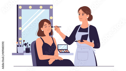 Professional makeup artist applying cosmetics to a happy client in a well lit beauty studio with a large mirror