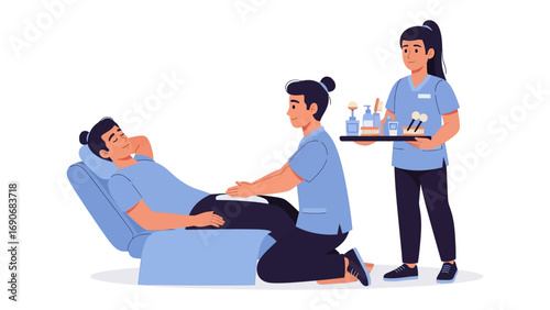 Two healthcare professionals tending to a male patient lying in a reclined chair one administering care and the other holding a tray of medical supplies