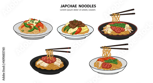 Variety of Japchae Noodles Dishes.