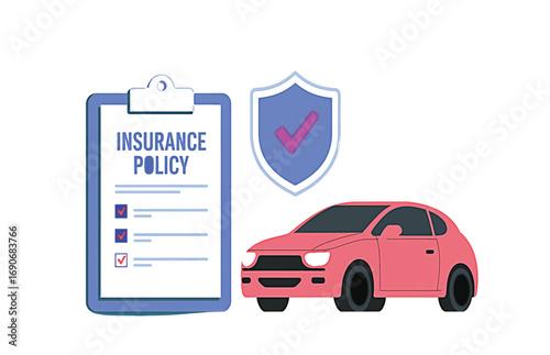 Car insurance policy concept with a red vehicle and a security shield for auto protection and safety illustration