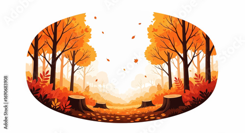 Golden autumn forest with fallen leaves and tree stumps, evoking a sense of seasonal change and nature's cycle.