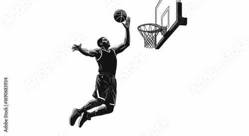Dynamic basketball player leaping to score a slam dunk against a clean white background.