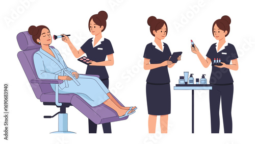 Professional makeup artist applying cosmetics to a client in a beauty salon chair with other artists preparing products and tools for beauty treatments