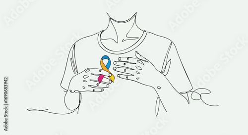 Line art drawing of person with hands over heart, holding awareness ribbon.