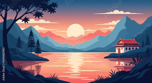 Serene mountain lake at sunset with traditional Asian architecture reflecting in the calm water.