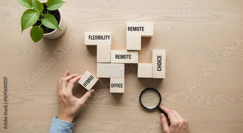 Choosing a Hybrid Work Model, Concept with Magnifying Glass and Blocks