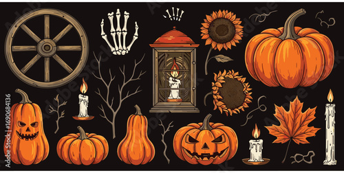 Spooky Autumn Elements Pumpkins, Sunflowers, and Halloween Decorations in a Dark Setting