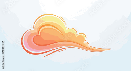 An artistic illustration of a warm-colored, swirling cloud graphic element on a pale blue background.