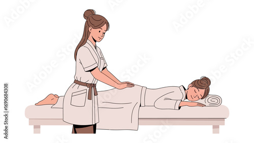Skilled female massage therapist gently massaging the back of a relaxed woman lying on a massage table in a spa
