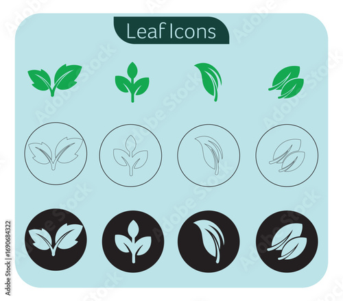 Set of green leaf icons. Green color. Leaf green color icon logo. Leaves on white background. Ecology. Vector illustration.