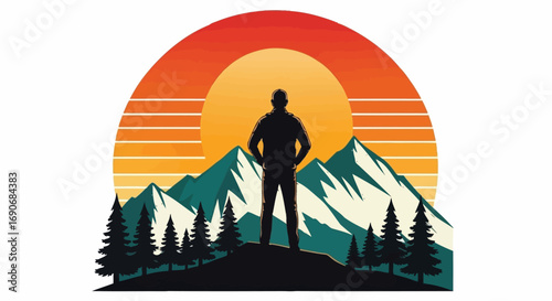 Silhouette of a lone hiker standing on a mountain peak at sunset, embracing adventure and freedom.