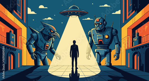 Lone human stands between giant robot and alien creature under UFO spotlight