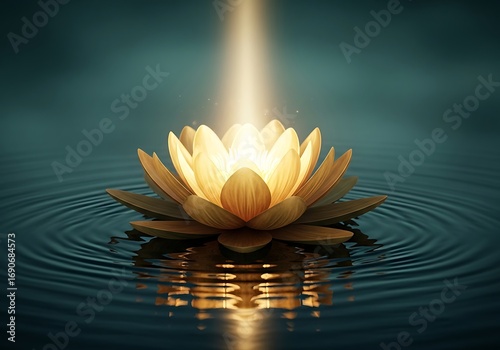 Glowing lotus flower with light beam on water