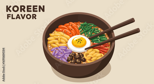 Colorful Korean Bibimbap Bowl with Chopsticks.