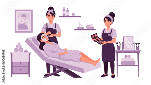 Two professional makeup artists applying cosmetics to a relaxed woman lying on a spa bed in a beauty salon